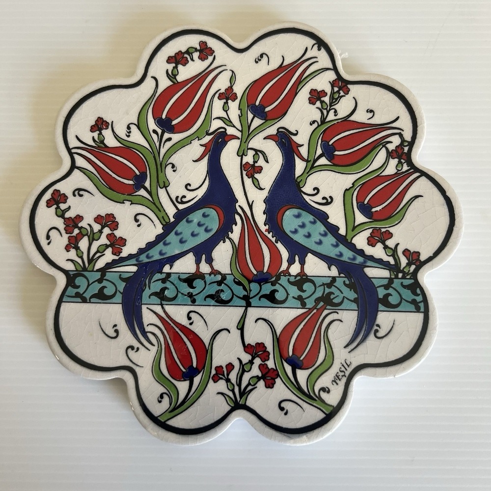 Handcrafted Turkish Ceramic Tile Trivet Peacocks Floral New European